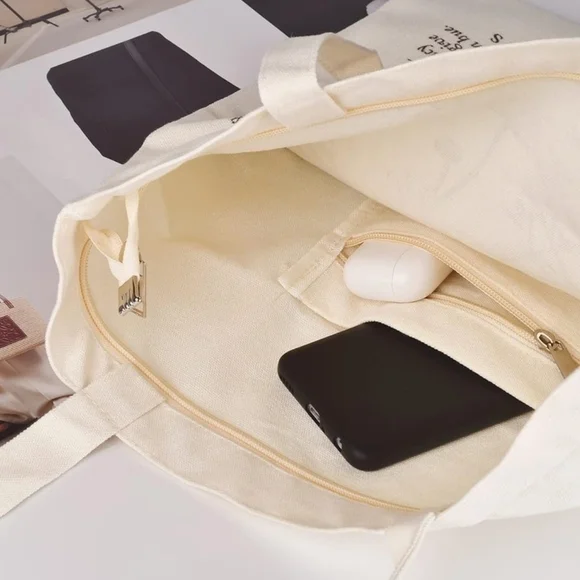 Books & Flowers Cotton Canvas Tote Bag with 2 Inner Pockets Reusable Washable - Picture 4 of 13